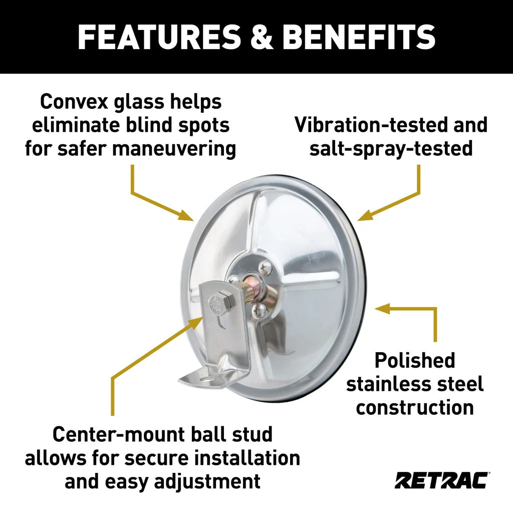 6" Stainless Center-Mount Convex Mirror Head with J-Bracket